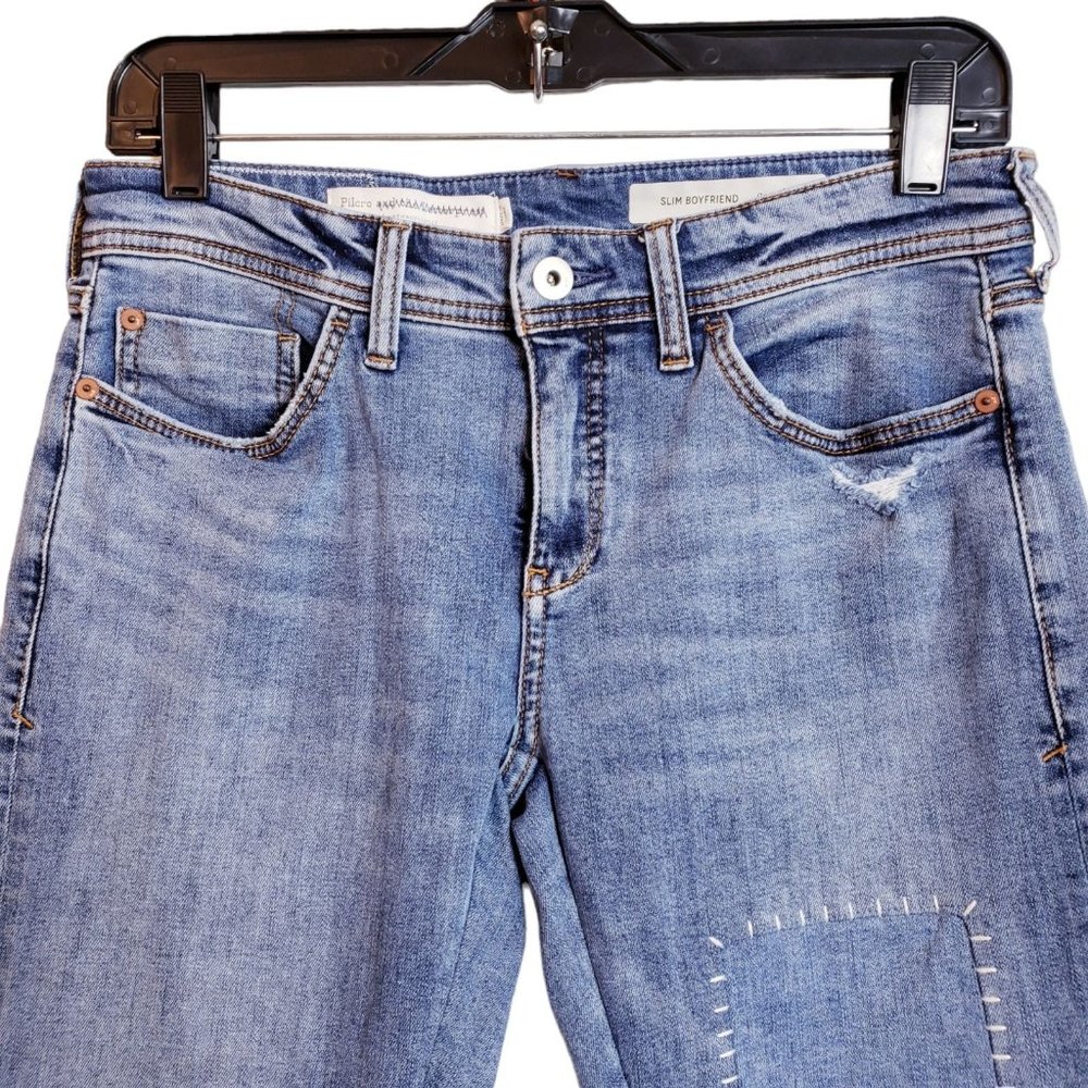 Pilcro & The Letterpress Slim Boyfriend Womens Jeans 26 Blue Patched Medium Rise - Picture 4 of 16
